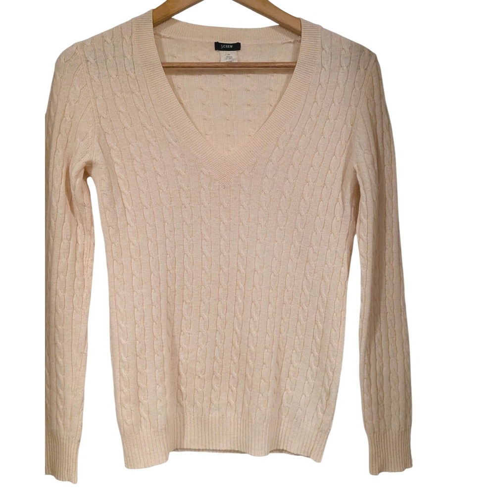 J.Crew Cable Knit Sweater XS Cream Wool Cashmere V-Neck 17309 Preppy Cozy Luxury